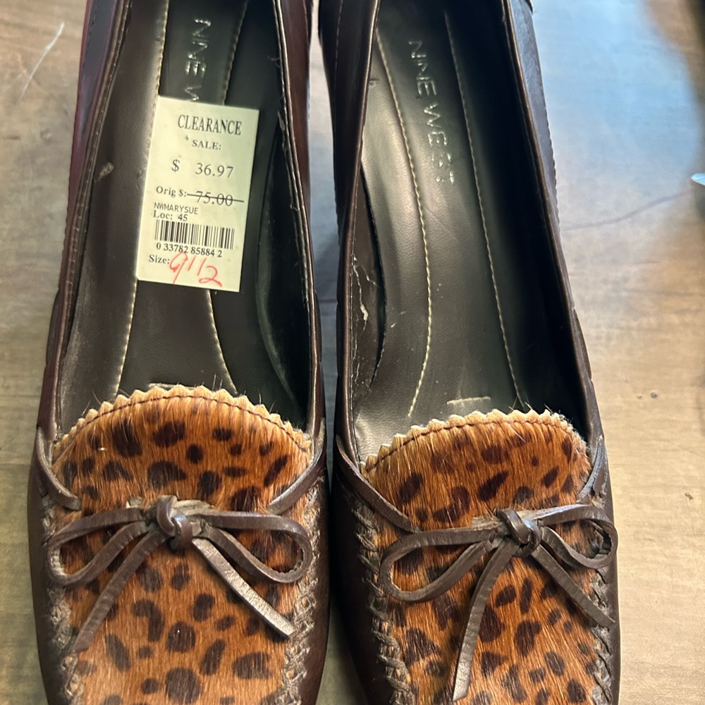 Nine West Brown Leather Loafers with Leopard Haircalf Vamp